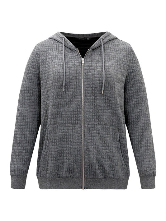 Plain Zipper Drawstring Jacquard Jacket