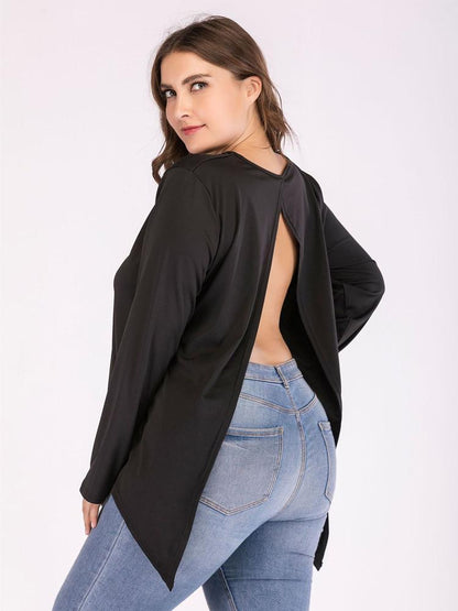 Solid Color Irregular Hem Split Backless T-shirt