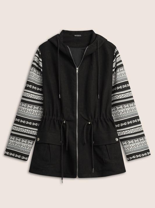 Geometric Drawstring Patchwork Hooded Jacket