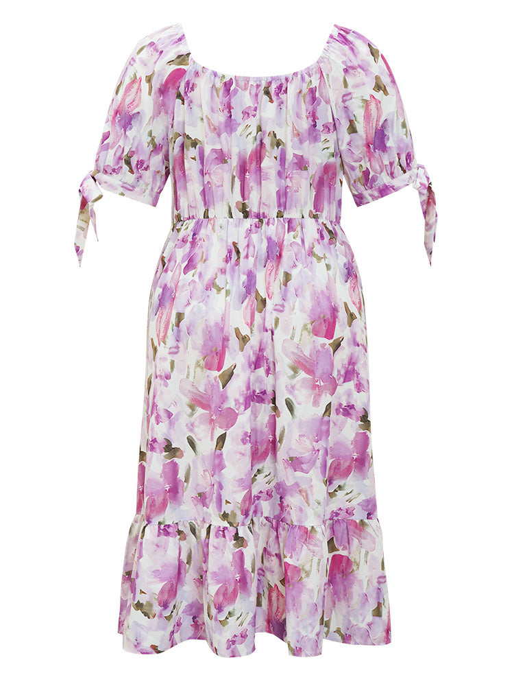 Floral Wrap Ruffle Hem Pocket Knot Sleeve Dress