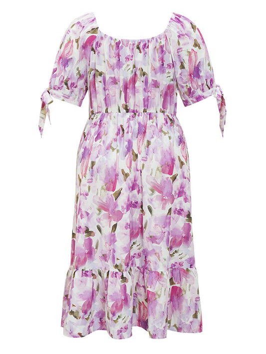 Floral Wrap Ruffle Hem Pocket Knot Sleeve Dress