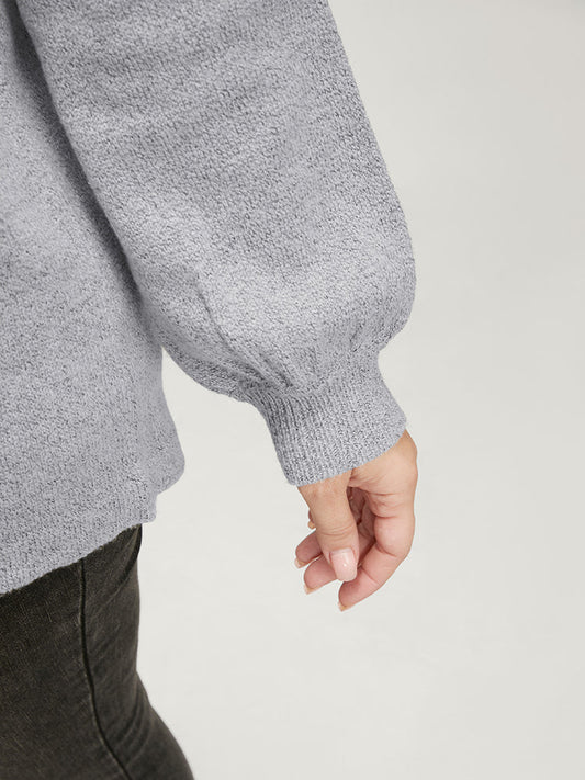 Solid Pointelle Knit Lantern Sleeve Mock Neck Heather Knit Top