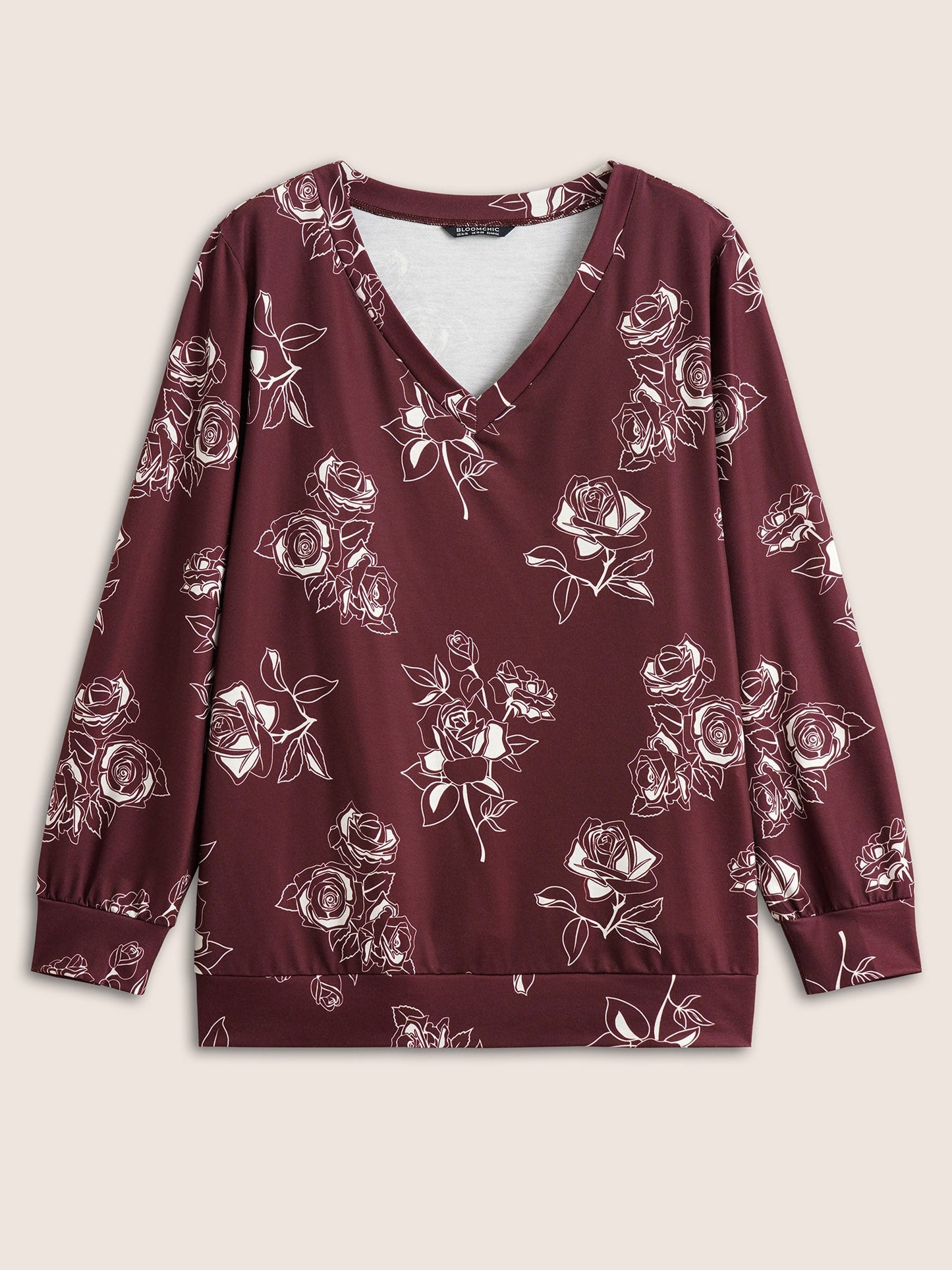 Silhouette Floral Rose Print V Neck Sweatshirt