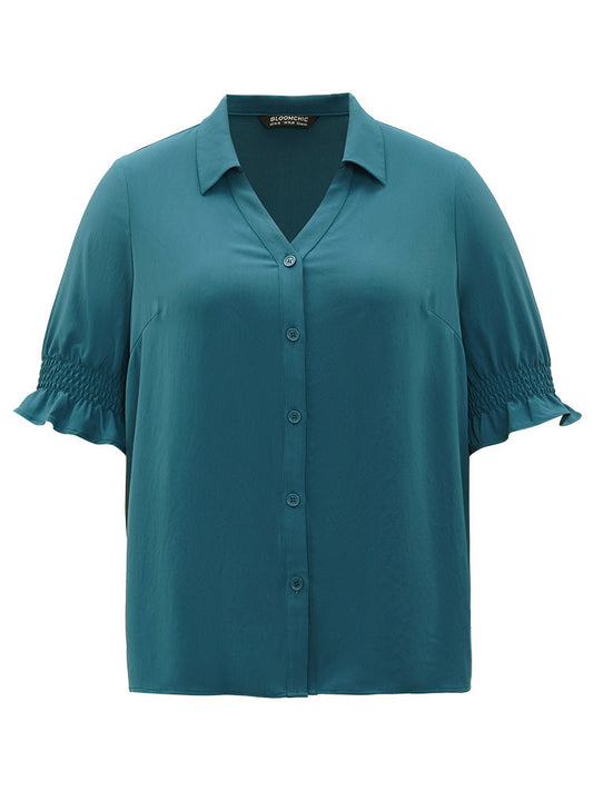 Plain Shirt Collar Shirred Button Up Ruffled Trim Blouse