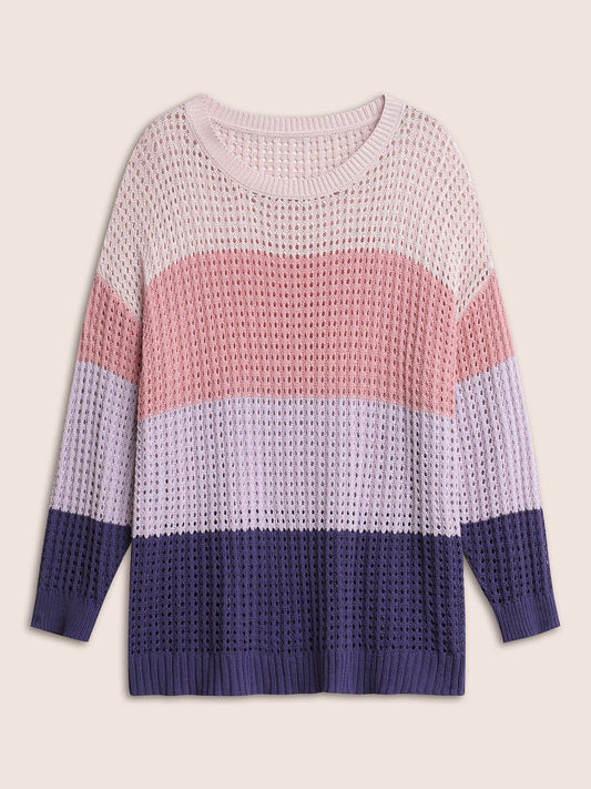 Colorblock Contrast Pointelle Knit Drop Shoulder Pullover
