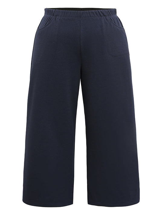 Solid Wide Leg Elastic Waist Split Hem Pants