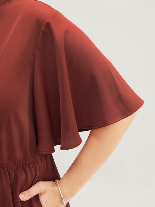 Solid Surplice Neck Keyhole Pocket Ruffle Trim Dress