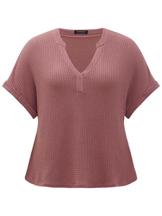 Waffle Knit Notched Roll Batwing Sleeve Sleep Top