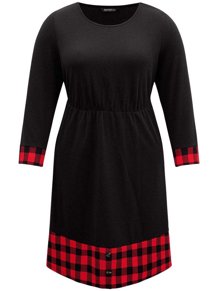Plaid Patchwork Round Neck Elastic Waist Dress