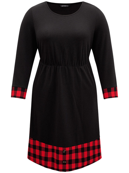 Plaid Patchwork Round Neck Elastic Waist Dress