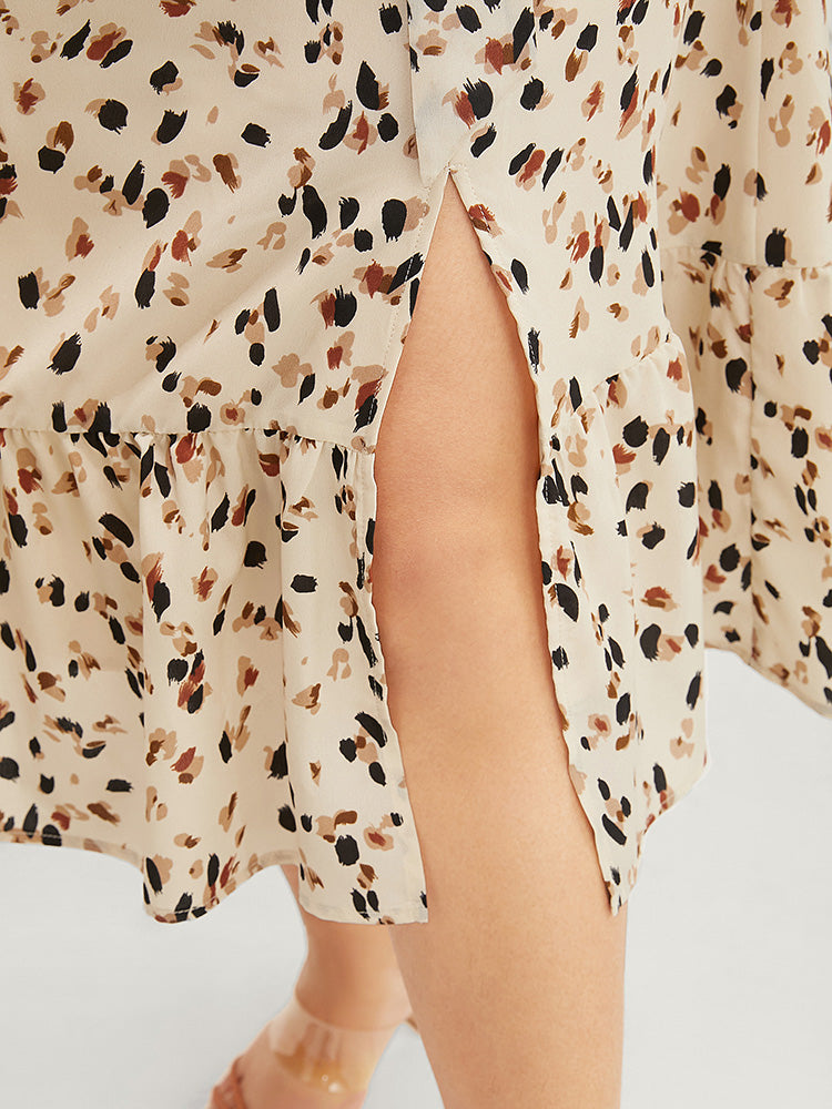 Allover Print Puff Sleeve Pocket Belted Surplice Neck Split Dress