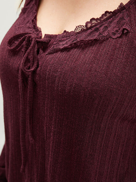 Solid Contrast Lace Ties Neck Long Tee