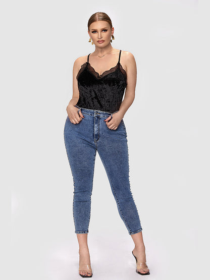 Solid Lace Trim Velvet Cami