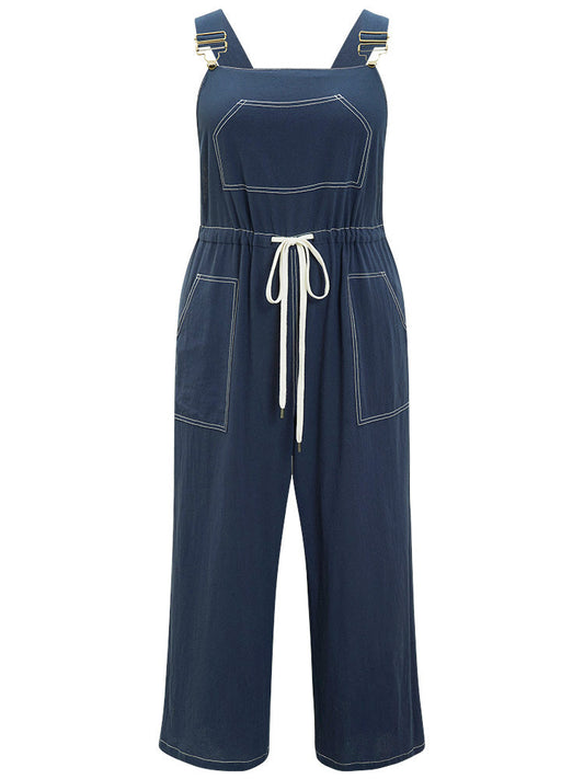 Contrast Stitch Pocket Drawstring Overall Jumpsuit