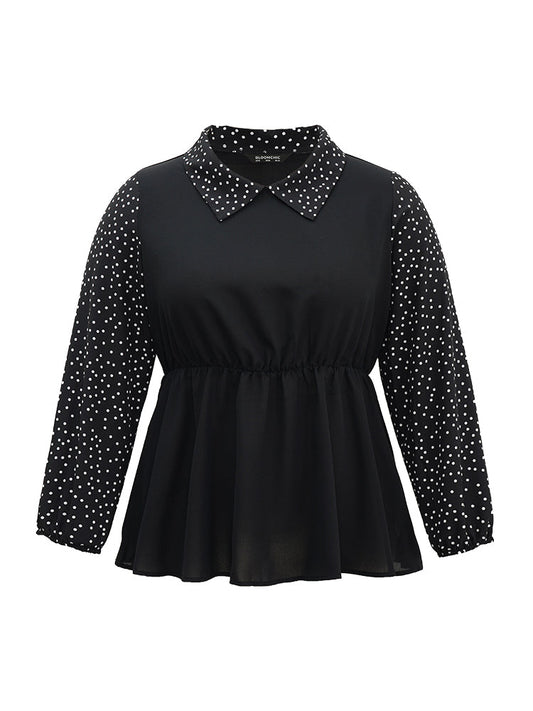 Polka Dot Patchwork Lapel Collar Elastic Waist Blouse