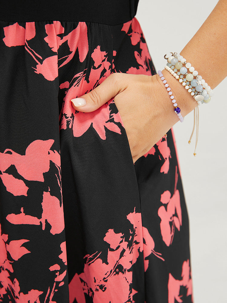 Floral Patchwork Drawstring Pocket Ruched Ruffles Cami Dress