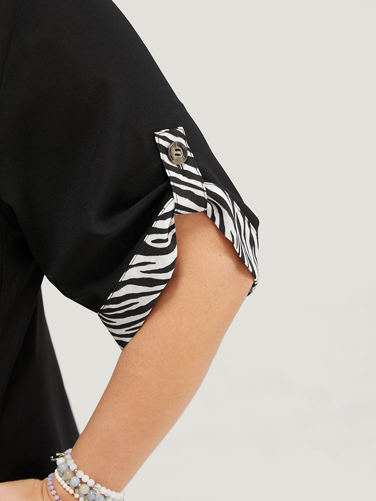 Zebra Print Contrast Cuffed Sleeve Pocket Flutter Dress