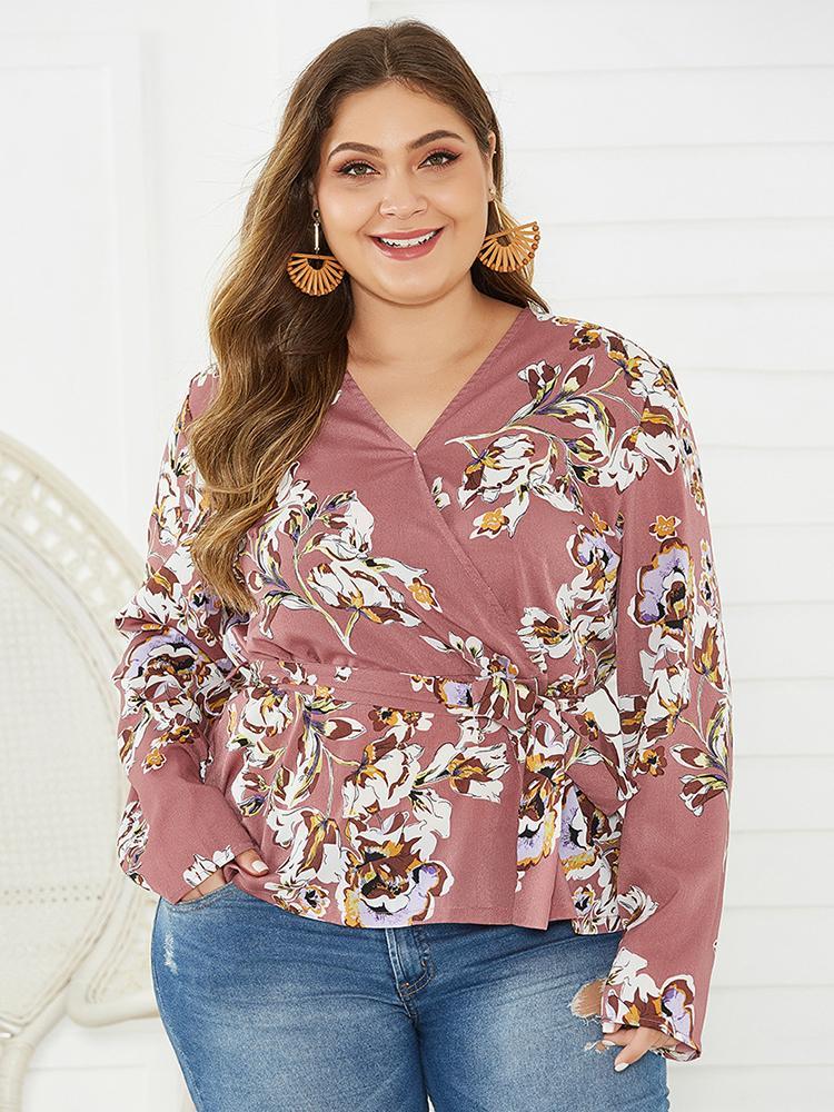 Floral Printed Wrap V-neck Blouse