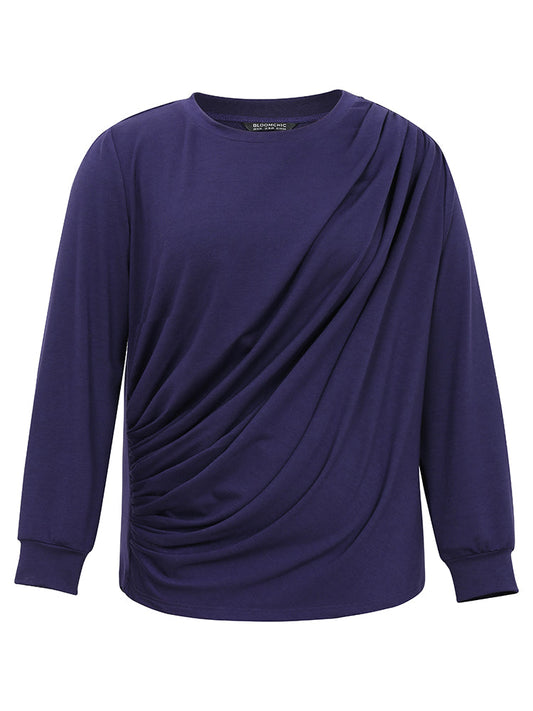 Plain Pleated Round Neck Slightly Stretchy Sweatshirt