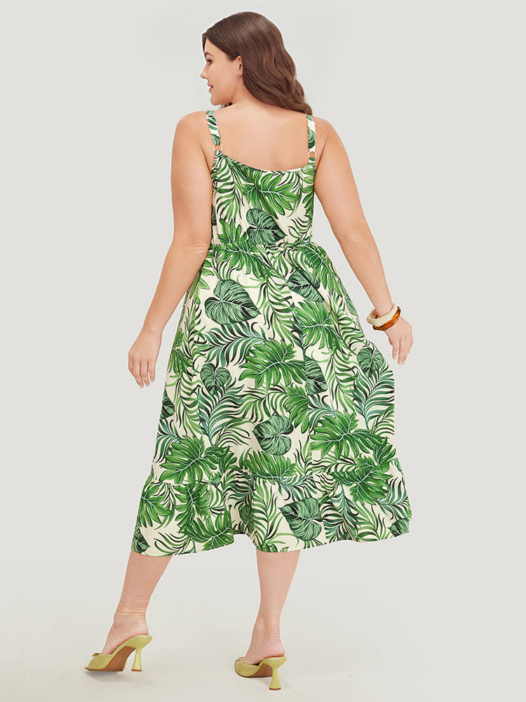 Plant Print Adjustable Straps Pocket Flutter Hem Cami Dress