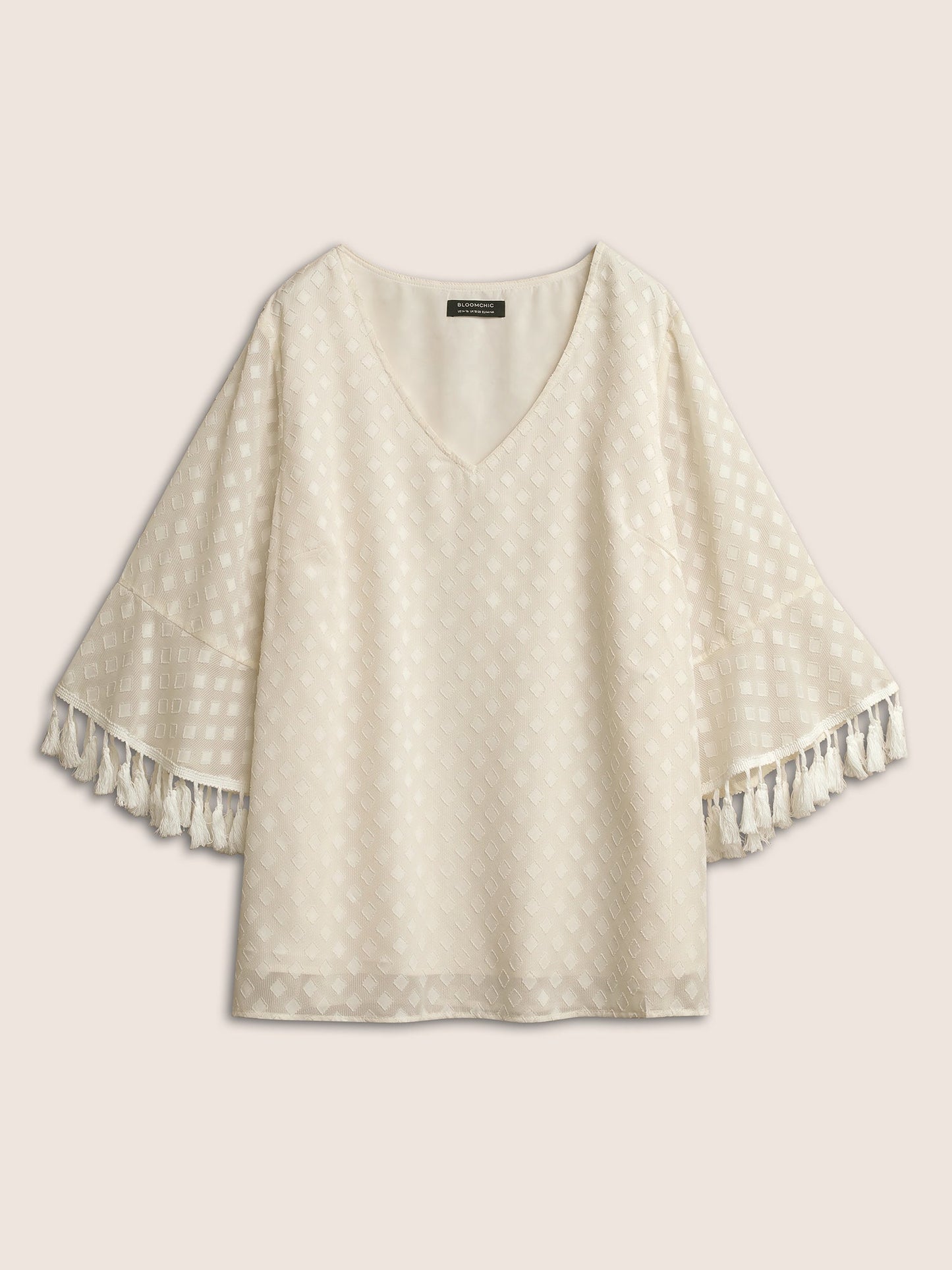 V Neck Jacquard Mesh Tassel Trim Blouse