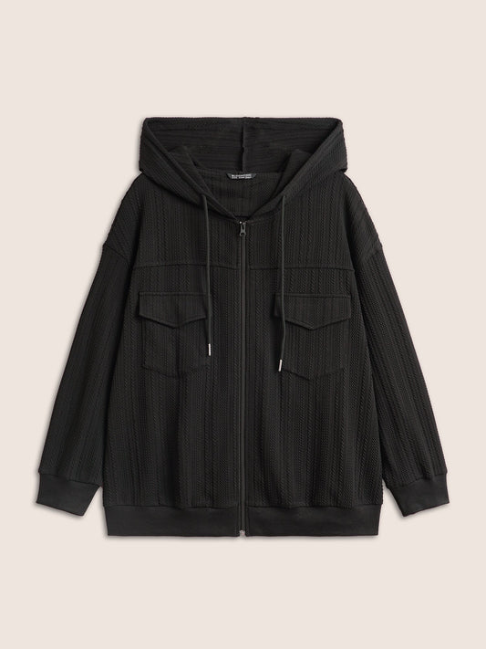 Plisse Drawstring Hooded Flap Pocket Front Jacket