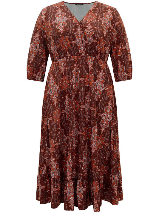Christmas Boho Print Wrap Ruffle Layered Hem Dress