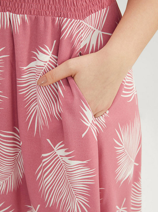 Plant Print Pocket Shirred V Neck Ruffles Midi Dress