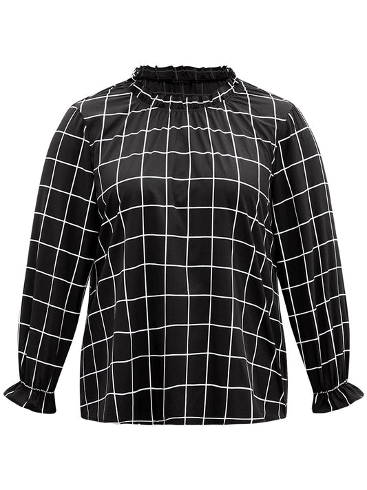 Plaid Stand Collar Ruffles Lantern Sleeve Blouse