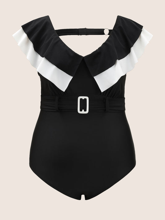 Layered Ruffle Trim Belted One Piece Swimsuit