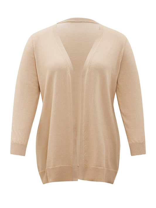 Solid Elastic Cuffs Open Front Cardigan