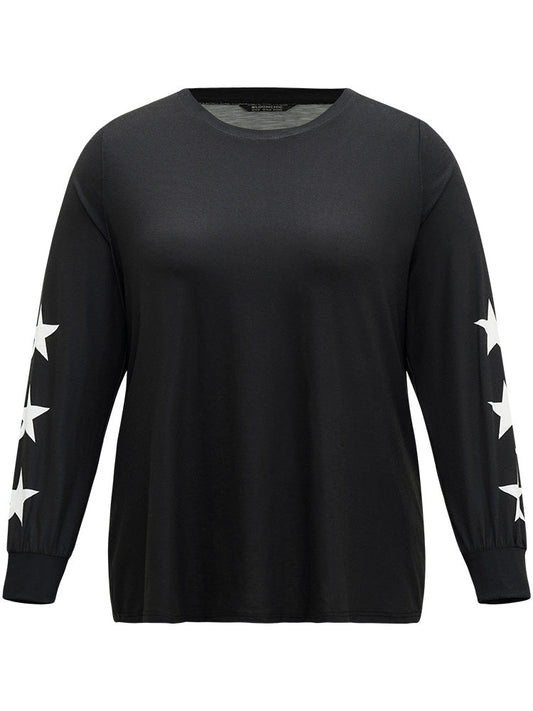 Star Print Long Sleeve Basic Sleep Top