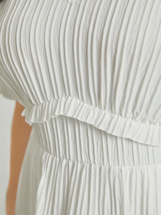 Plain Plisse Pocket Ruffle Trim Midi Dress