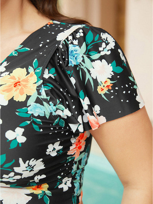 Floral Ruffle Sleeve Knot Front Ruched Bikini Top