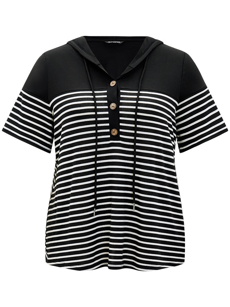 Striped Contrast Drawstring Hooded Button Up T-shirt