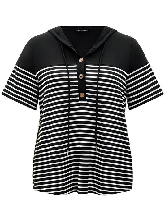 Striped Contrast Drawstring Hooded Button Up T-shirt