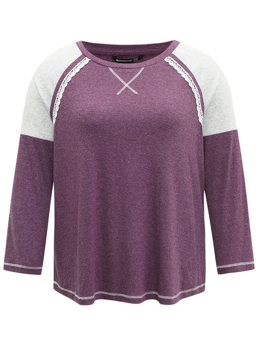 Two Tone Lace Trim Stitch Raglan Sleeve T-shirt