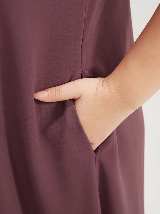 Plain Pocket Ruffle Trim Asymmetrical Hem Dress