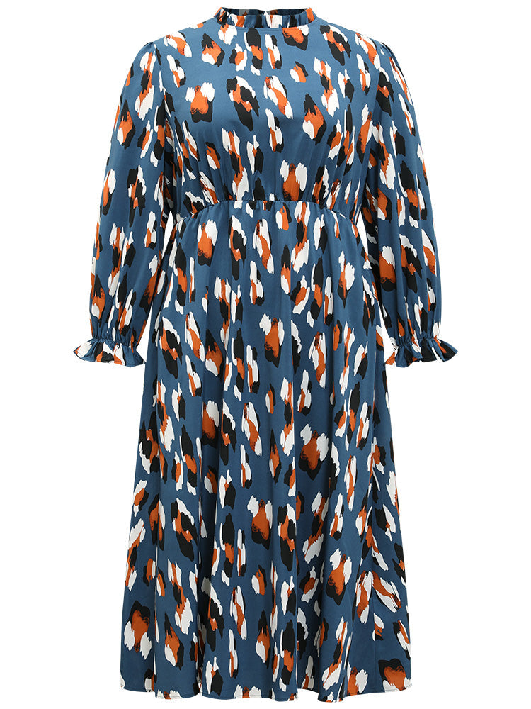 Allover Print Stand Collar Pocket Ruffles Dress