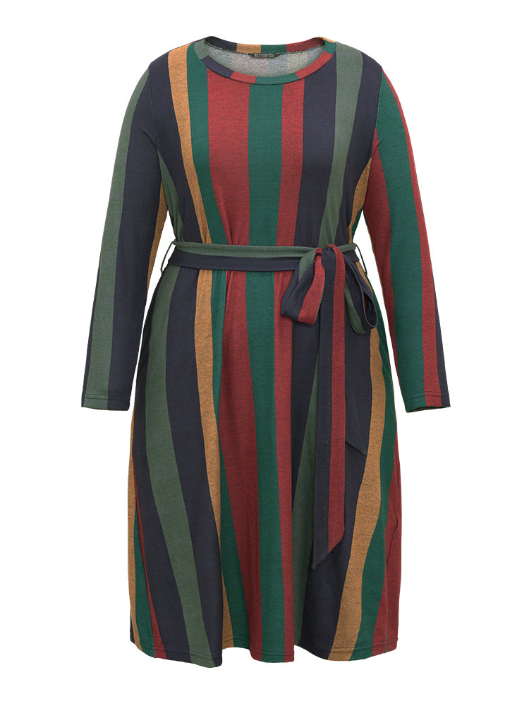 Colored Striped Pocket Belted Long Sleeve Dress