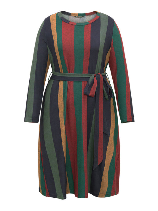 Colored Striped Pocket Belted Long Sleeve Dress