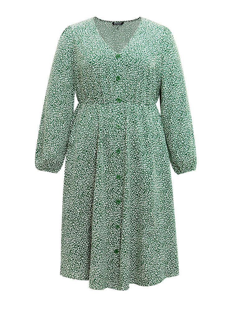 Leopard Print Elastic Cuffs Button Detail Dress