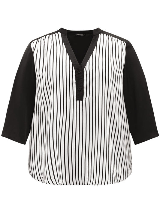 Striped Patchwork Tab Sleeve Blouse