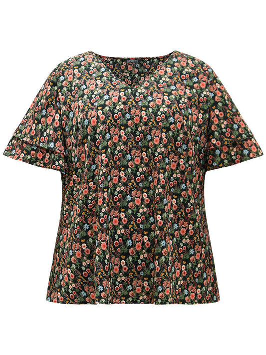 Floral Print Layered Ruffle Sleeve Blouse