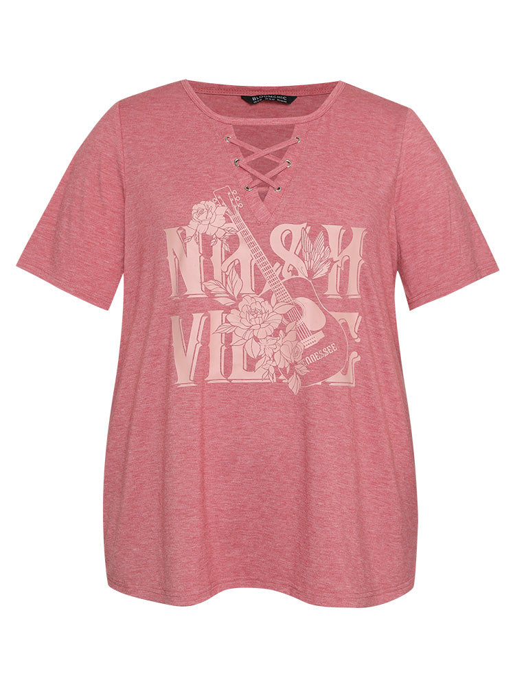 Guitar & Letter Print Heather Crisscross Neck Graphic T-shirt