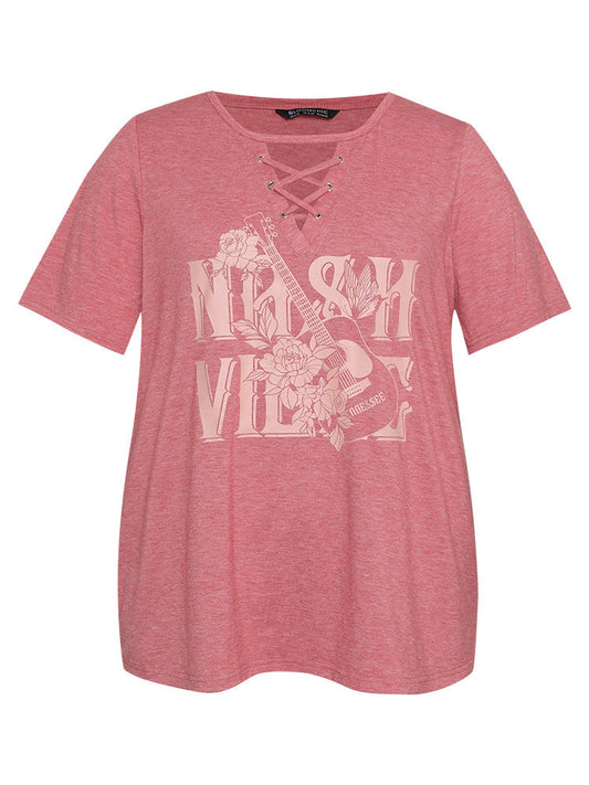 Guitar & Letter Print Heather Crisscross Neck Graphic T-shirt