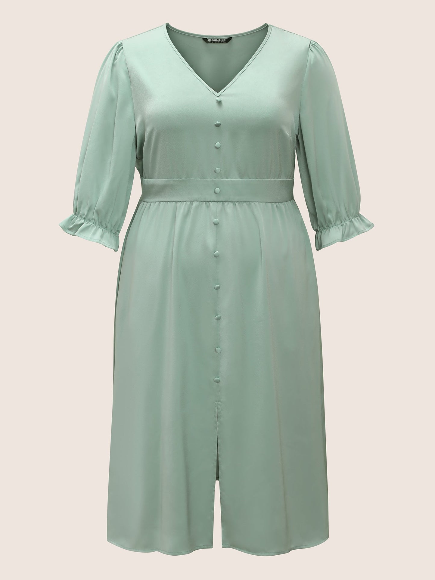 Plain Ruffles Button Detail Split Front Satin Dress