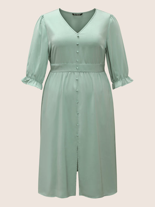 Plain Ruffles Button Detail Split Front Satin Dress