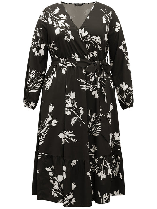 Silhouette Floral Print Overlap Collar Dress