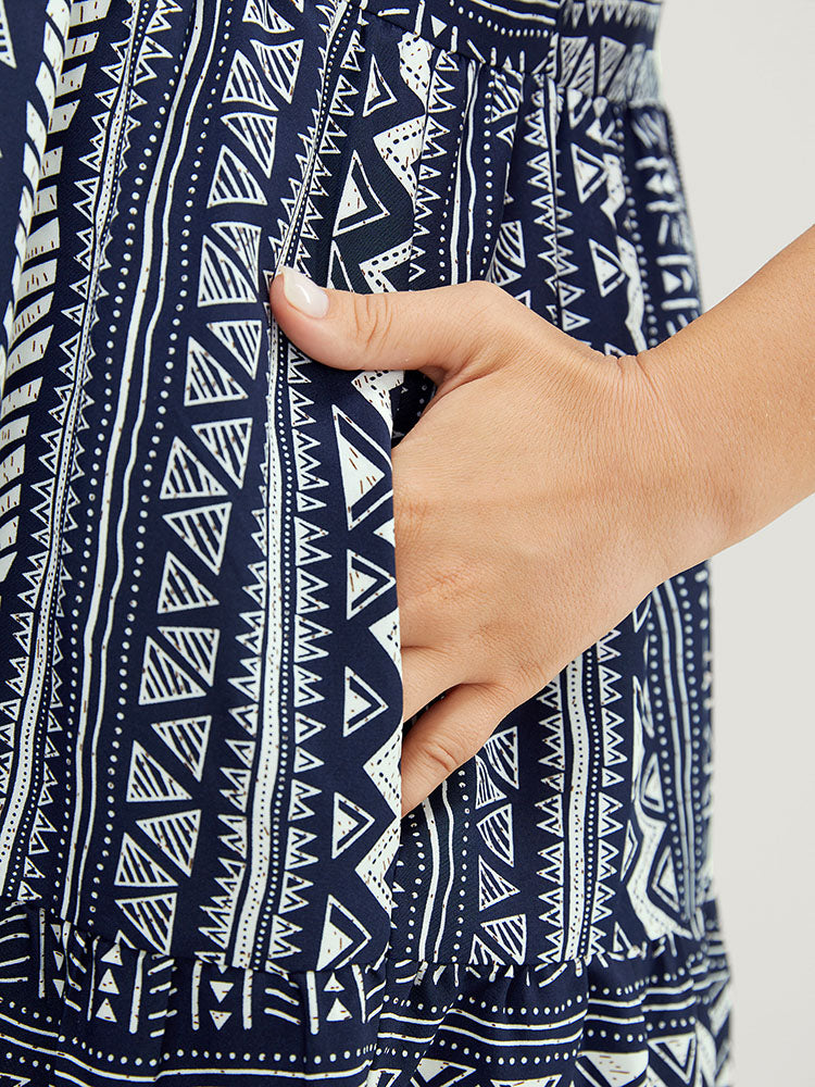 Geometric Patchwork Pocket Ruffles Shirred Cami Dress